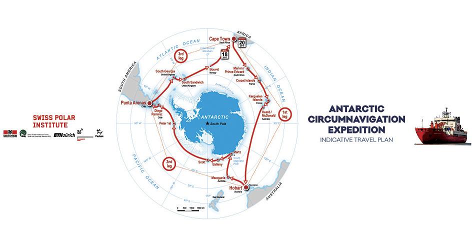 Das erste Grossprojekt des SPI ist die Antarctic Circumnavigation Expedition (ACE), eine 3-monatige Wissenschaftsexpedition rund um Antarktika. Dabei sein wird ein Team aus rund 50 Forschern aus 30 Ländern. Karte: SPI