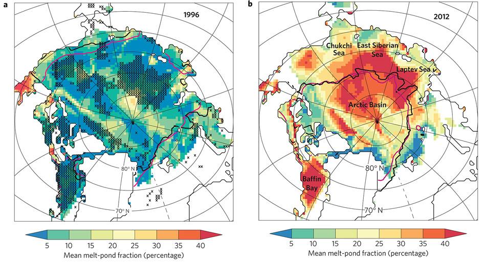 Die Karten zeigen das Ausmass der Schmelzwasserflächen für die Jahre 1996 (grösste Eisausdehnung) und 2012 (kleinste Eisausdehnung). Je roter, desto grösser der Prozentsatz der geschmolzenen Fläche.