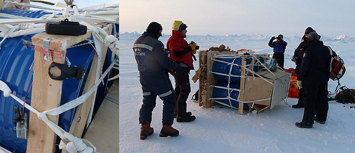 Nach dem Abwurf mussten zuerst die Kameras geborgen werden. Durch den harten Schlag bei der Landung brachen die Halterungen und die Kameras baumelten an den Sicherungsschnüren.
